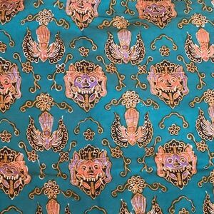 New Green Batik Fabric Tribal Mask Floral Bird Cotton 2.5 yards Indonesia